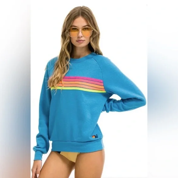 Aviator Nation 5 Stripe Crewneck Sweatshirt and 5 Stripe Jogger Shorts Set - Picture 14 of 17